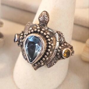Sterling Silver Sea Turtle Blue Topaz Multi Gem 925 Ring Size 7.5